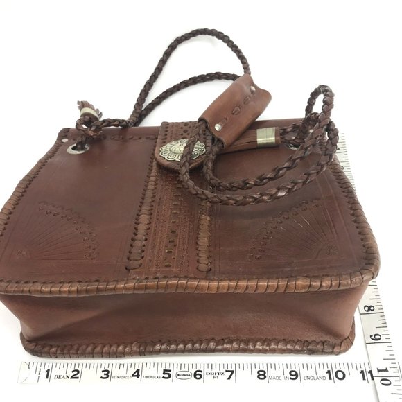 Shoulder Bag Two Handle Brown Leather Southwestern Concho Handmade Morocco - Picture 10 of 15